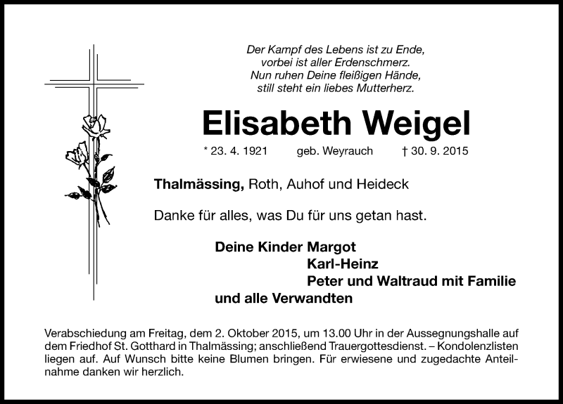 Traueranzeigen von Elisabeth Weigel | trauer.nn.de