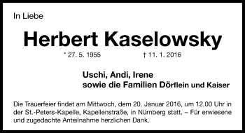 Traueranzeige von Herbert Kaselowsky von Gesamtausgabe Nürnberger Nachrichten/ Nürnberger Ztg.