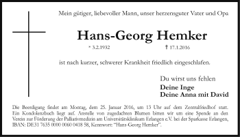 Traueranzeige von Hans-Georg Hemker von Erlanger Nachrichten Lokal