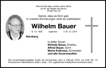 Traueranzeige von Wilhelm Bauer von Gesamtausgabe Nürnberger Nachrichten/ Nürnberger Ztg.