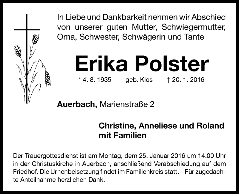  Traueranzeige für Erika Polster vom 22.01.2016 aus Nordbayerische Nachrichten Pegnitz Lokal