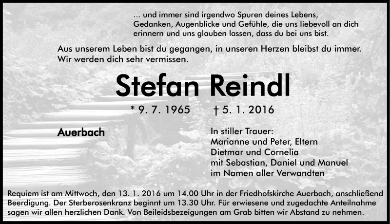  Traueranzeige für Stefan Reindl vom 09.01.2016 aus Nordbayerische Nachrichten Pegnitz Lokal