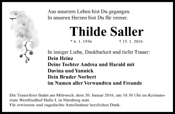 Traueranzeige von Thilde Saller von Gesamtausgabe Nürnberger Nachrichten/ Nürnberger Ztg.