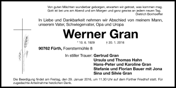 Traueranzeige von Werner Gran von Gesamtausgabe Nürnberger Nachrichten/ Nürnberger Ztg./ Fürther Nachrichten
