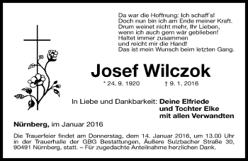 Traueranzeige von Josef Wilczok von Gesamtausgabe Nürnberger Nachrichten/ Nürnberger Ztg.