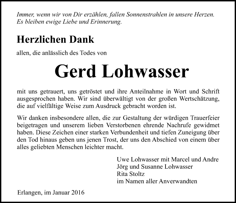  Traueranzeige für Gerd Lohwasser vom 23.01.2016 aus Gesamtausgabe Nürnberger Nachrichten/ Nürnberger Ztg.