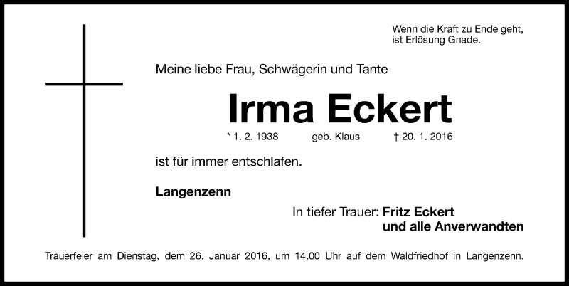  Traueranzeige für Irma Eckert vom 23.01.2016 aus Fürther Nachrichten Lokal