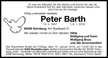 Traueranzeige von Peter Barth von Gesamtausgabe Nürnberger Nachrichten/ Nürnberger Ztg.