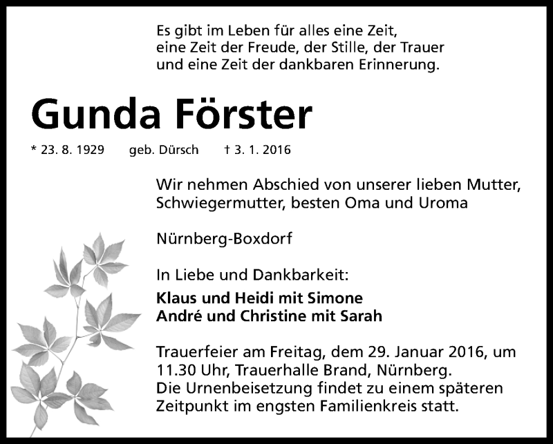 Traueranzeige für Gunda Förster vom 27.01.2016 aus Gesamtausgabe Nürnberger Nachrichten/ Nürnberger Ztg.