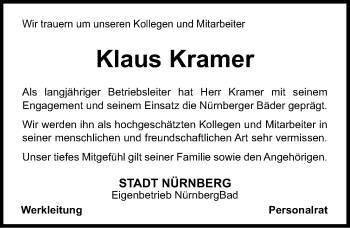 Traueranzeige von Klaus Kramer von Gesamtausgabe Nürnberger Nachrichten/ Nürnberger Ztg.