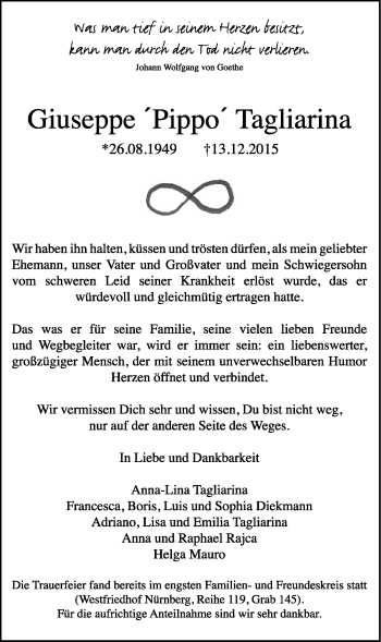 Traueranzeige von Giuseppe Tagliarina von Gesamtausgabe Nürnberger Nachrichten/ Nürnberger Ztg.