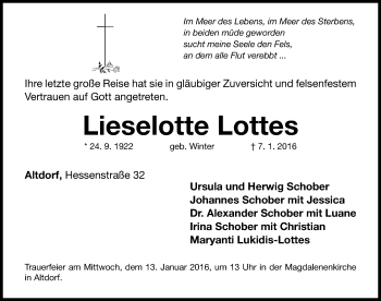 Traueranzeige von Lieselotte Lottes von Gesamtausgabe Nürnberger Nachrichten/ Nürnberger Ztg.