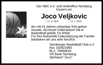 Traueranzeige von Jovica Veljkovic von Gesamtausgabe Nürnberger Nachrichten/ Nürnberger Ztg.
