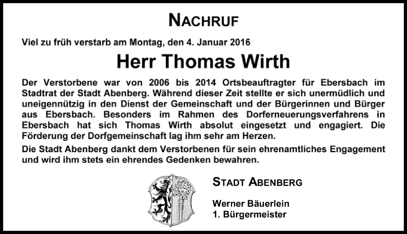  Traueranzeige für Thomas Wirth vom 09.01.2016 aus Schwabach