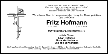 Traueranzeige von Fritz Hofmann von Gesamtausgabe Nürnberger Nachrichten/ Nürnberger Ztg.