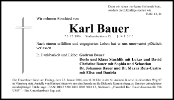 Traueranzeige von Karl Bauer von Gesamtausgabe Nürnberger Nachrichten/ Nürnberger Ztg.