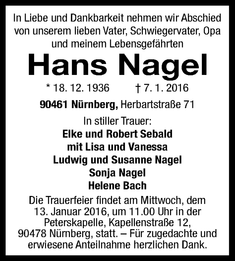  Traueranzeige für Hans Nagel vom 09.01.2016 aus Gesamtausgabe Nürnberger Nachrichten/ Nürnberger Ztg.
