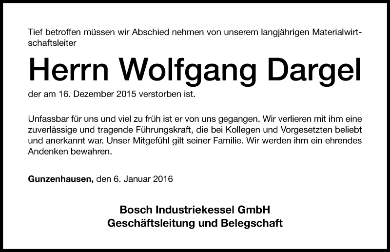 Traueranzeigen von Wolfgang Dargel trauer.nn.de
