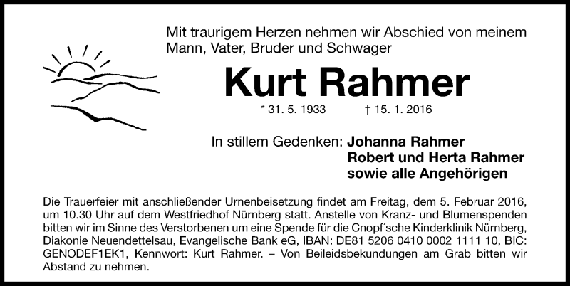 Traueranzeige für Kurt Rahmer vom 01.02.2016 aus Gesamtausgabe Nürnberger Nachrichten/ Nürnberger Ztg.