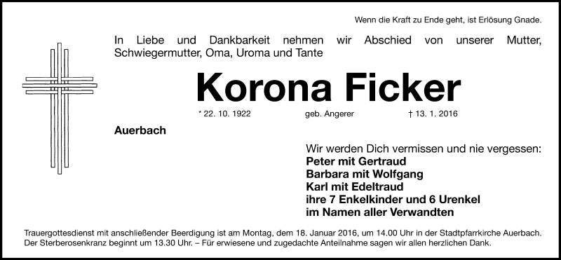  Traueranzeige für Korona Ficker vom 16.01.2016 aus Nordbayerische Nachrichten Pegnitz Lokal