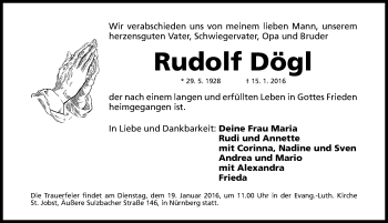 Traueranzeige von Rudolf Dögl von Gesamtausgabe Nürnberger Nachrichten/ Nürnberger Ztg.