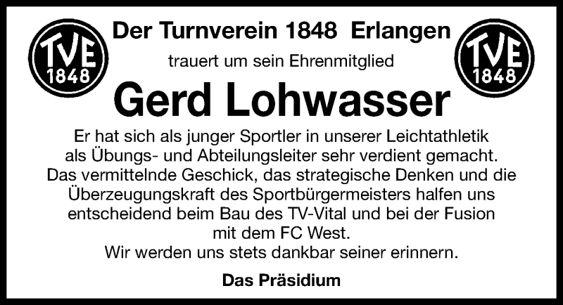  Traueranzeige für Gerd Lohwasser vom 12.01.2016 aus Erlanger Nachrichten Lokal