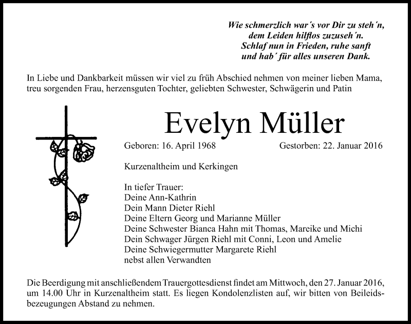  Traueranzeige für Evelyn Müller vom 25.01.2016 aus Altmühl-Bote Lokal