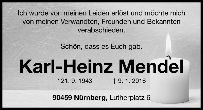  Traueranzeige für Karl-Heinz Mendel vom 16.01.2016 aus Gesamtausgabe Nürnberger Nachrichten/ Nürnberger Ztg.