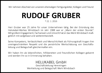 Traueranzeige von Rudolf Gruber von Roth-Hilpoltsteiner Volkszeitung Lokal