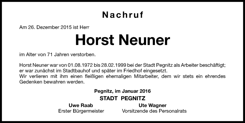  Traueranzeige für Horst Neuner vom 05.01.2016 aus Nordbayerische Nachrichten Pegnitz Lokal
