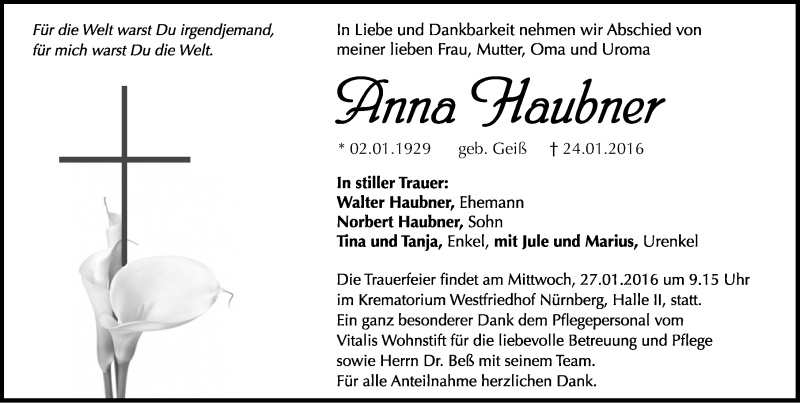  Traueranzeige für Anna Haubner vom 26.01.2016 aus Gesamtausgabe Nürnberger Nachrichten/ Nürnberger Ztg.