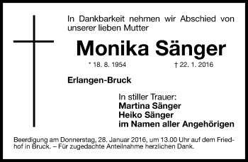 Traueranzeige von Monika Sänger von Erlanger Nachrichten Lokal