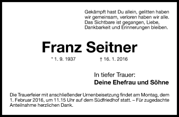 Traueranzeige von Franz Seitner von Gesamtausgabe Nürnberger Nachrichten/ Nürnberger Ztg.