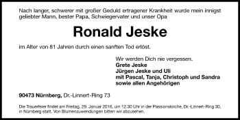 Traueranzeige von Ronald Jeske von Gesamtausgabe Nürnberger Nachrichten/ Nürnberger Ztg.