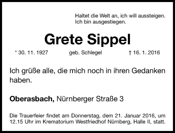 Traueranzeige von Grete Sippel von Gesamtausgabe Nürnberger Nachrichten/ Nürnberger Ztg.