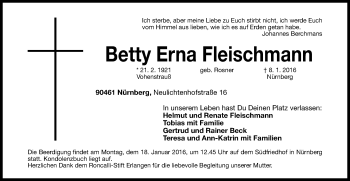 Traueranzeige von Betty Fleischmann von Gesamtausgabe Nürnberger Nachrichten/ Nürnberger Ztg.