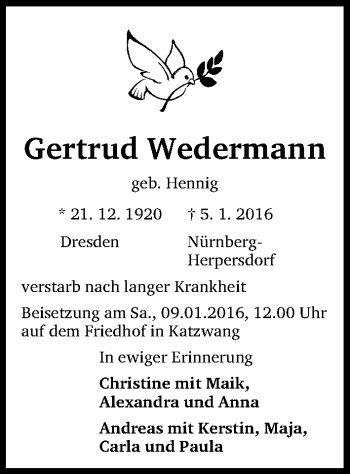 Traueranzeige von Gertrud Wedermann von Gesamtausgabe Nürnberger Nachrichten/ Nürnberger Ztg.