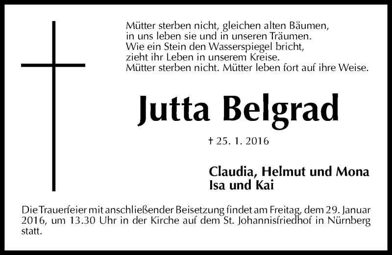  Traueranzeige für Jutta Belgrad vom 27.01.2016 aus Gesamtausgabe Nürnberger Nachrichten/ Nürnberger Ztg.
