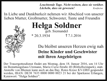 Traueranzeige von Helga Soldner von Erlanger Nachrichten Lokal