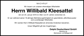 Traueranzeige von Willibald Kleesattel von Neumarkter Nachrichten Lokal
