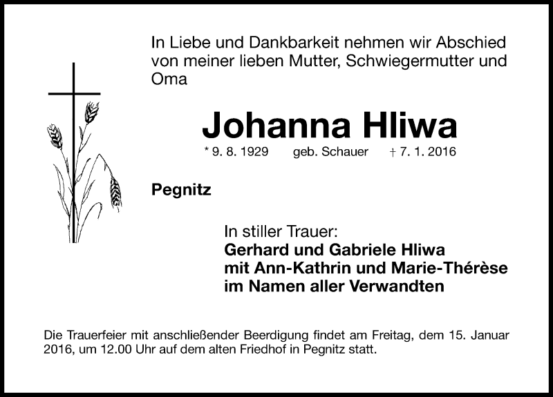  Traueranzeige für Johanna Hliwa vom 13.01.2016 aus Nordbayerische Nachrichten Pegnitz Lokal