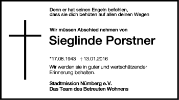 Traueranzeige von Sieglinde Porstner von Gesamtausgabe Nürnberger Nachrichten/ Nürnberger Ztg.