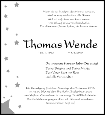 Traueranzeige von Thomas Wende von Roth-Hilpoltsteiner Volkszeitung Lokal