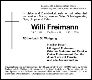 Traueranzeige von Willi Freimann von Gesamtausgabe Nürnberger Nachrichten/ Nürnberger Ztg.