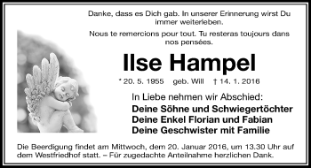 Traueranzeige von Ilse Hampel von Gesamtausgabe Nürnberger Nachrichten/ Nürnberger Ztg.