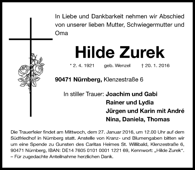  Traueranzeige für Hilde Zurek vom 23.01.2016 aus Gesamtausgabe Nürnberger Nachrichten/ Nürnberger Ztg.