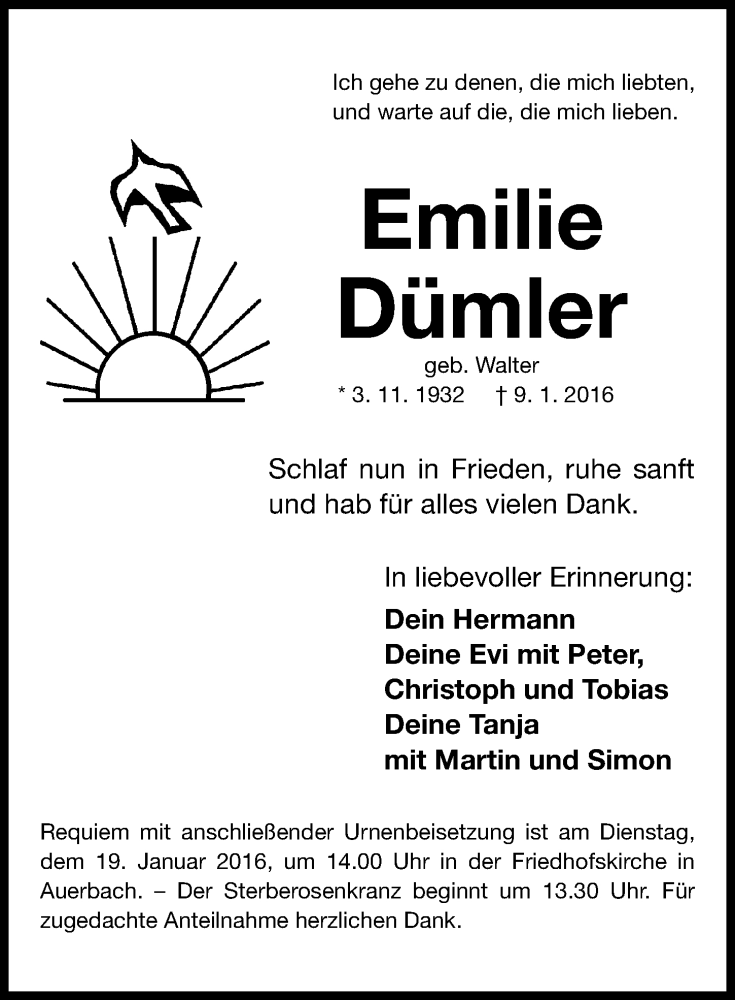  Traueranzeige für Emilie Dümler vom 14.01.2016 aus Nordbayerische Nachrichten Pegnitz Lokal