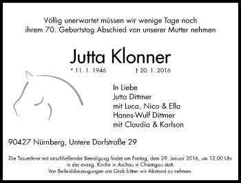 Traueranzeige von Jutta Klonner von Gesamtausgabe Nürnberger Nachrichten/ Nürnberger Ztg.