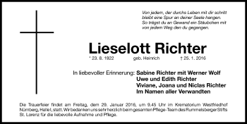 Traueranzeige von Lieselott Richter von Gesamtausgabe Nürnberger Nachrichten/ Nürnberger Ztg.