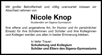 Traueranzeige von Nicole Knop von Gesamtausgabe Nürnberger Nachrichten/ Nürnberger Ztg.